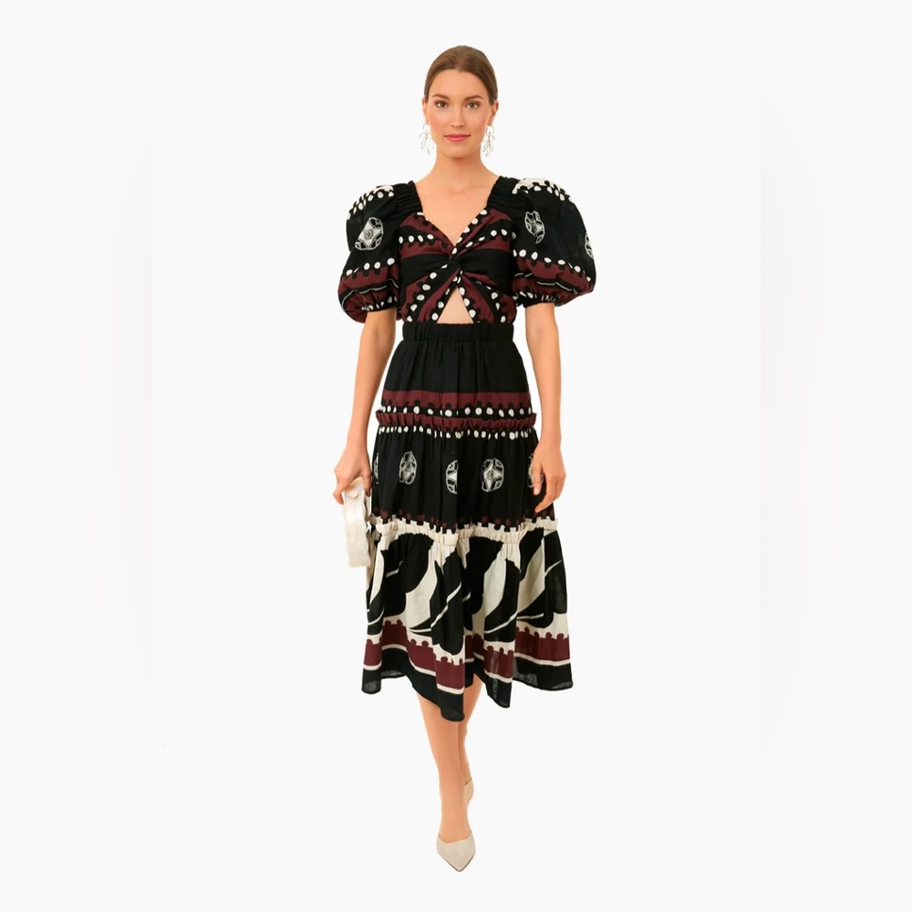 Sea New York Liora Midi Dress 8 Linen Blend Cut-Out Black Puff Sleeve